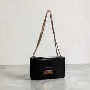 Furla Black Croc Embossed Leather Chain Shoulder Bag Gold Hardware